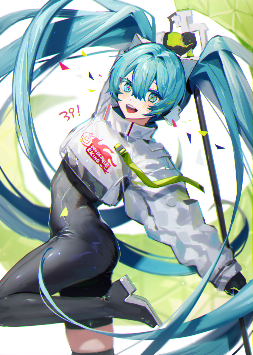 1girl 39 :d absurdres aqua_eyes aqua_hair ass asymmetrical_bodysuit black_bodysuit bodysuit confetti crop_top crop_top_overhang cropped_jacket flag flagpole flame_print goodsmile_racing hatsune_miku headphones highres hiiragi_hiiro holding holding_flag holding_pole long_hair long_sleeves looking_at_viewer pole racing_miku racing_miku_(2022) skin_tight smile smiley_face standing standing_on_one_leg thighs twintails two-tone_gloves very_long_hair vocaloid