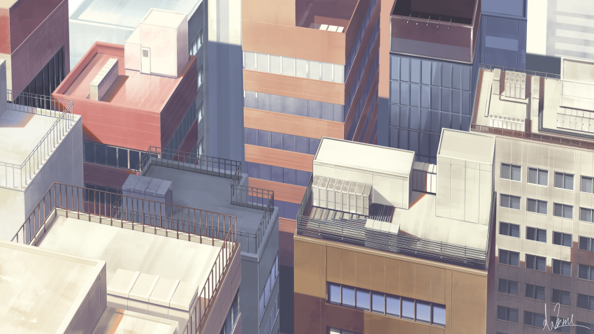 building city cityscape commentary_request fence from_above hakuurei_amano highres no_humans original outdoors rooftop scenery shadow watermark window