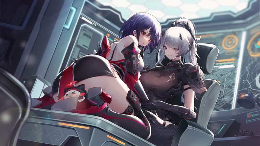 2girls absurdres aether_gaze arm_guards ass bangs bare_shoulders black_bodysuit black_gloves black_legwear black_skirt blue_eyes blush bodysuit boots breasts character_request closed_mouth eyebrows_visible_through_hair gloves green_eyes heterochromia highres jiusan_naitan large_breasts long_hair looking_at_another looking_away multiple_girls parted_lips ponytail purple_hair red_eyes short_hair short_sleeves sitting skirt smile thigh-highs thigh_boots yellow_eyes