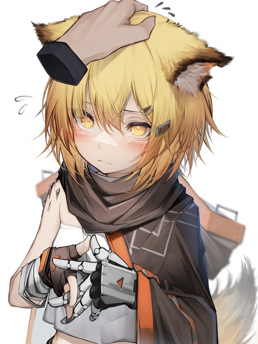 1girl absurdres animal_ears arknights bandages black_cape blonde_hair blush cape commentary crop_top crop_top_overhang disembodied_limb flying_sweatdrops fox_ears fox_tail headpat highres oripathy_lesion_(arknights) own_hands_together shirt single_bare_shoulder solo_focus strapless strapless_shirt tab_head tail upper_body vermeil_(arknights) white_shirt wrist_wrap yellow_eyes