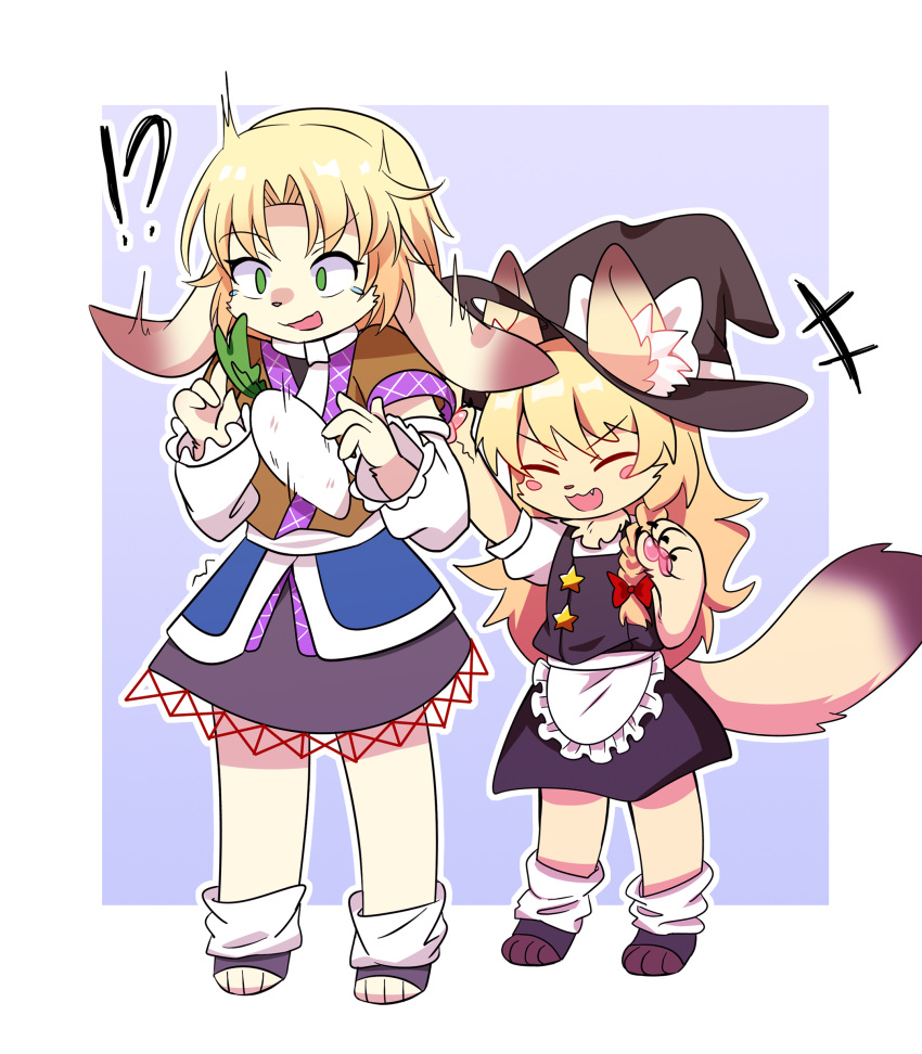 !? +++ absurdres animal_ear_fluff animal_ears apron arm_warmers bangs black_headwear black_shirt black_skirt black_vest blonde_hair bow braid brown_shirt closed_eyes commentary_request cookie_(touhou) daikon ears_through_headwear eyebrows_visible_through_hair fang flat_chest fox_ears fox_girl fox_tail frilled_apron frills full_body furrification furry green_eyes hair_bow hat hat_bow highres inabahitomi joker_(cookie) kirisame_marisa loose_socks mizuhashi_parsee open_mouth parted_bangs pawpads pointy_ears rabbit_ears rabbit_girl red_bow shirt short_hair short_sleeves side_braid single_braid skirt smile star_(symbol) suzu_(cookie) tail touhou undershirt vest waist_apron white_apron white_bow white_legwear witch_hat