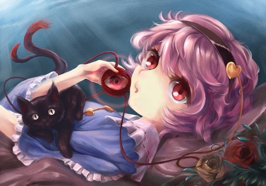 1girl animal black_hairband blouse blue_shirt buttons cat commentary flower frilled_shirt_collar frilled_sleeves frills from_side glowing goingtobemad hair_ornament hairband heart heart_button heart_hair_ornament highres holding holding_animal holding_cat kaenbyou_rin kaenbyou_rin_(cat) komeiji_satori leaf long_sleeves looking_at_viewer looking_to_the_side lying on_back pink_eyes red_eyes red_flower red_rose ribbon_trim rose shirt short_hair solo third_eye touhou upper_body wide_sleeves yellow_flower yellow_rose