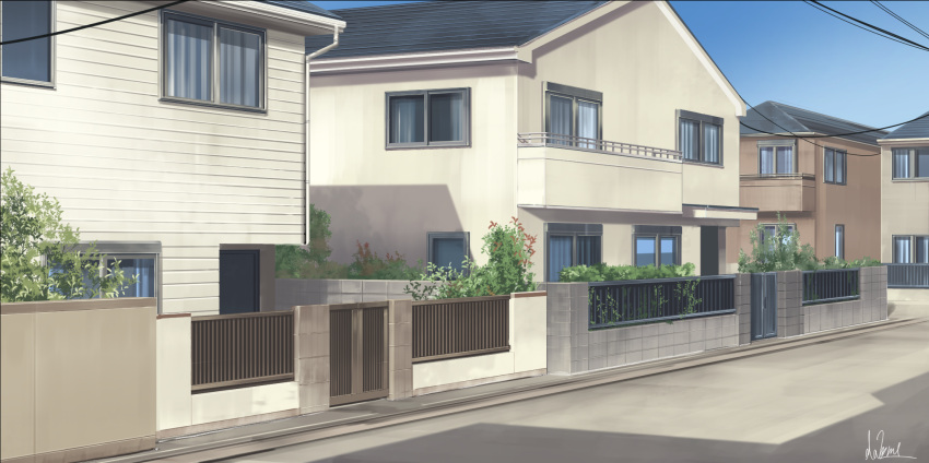 balcony blue_sky building bush commentary_request day hakuurei_amano highres house no_humans original outdoors power_lines road scenery shadow sky street watermark window