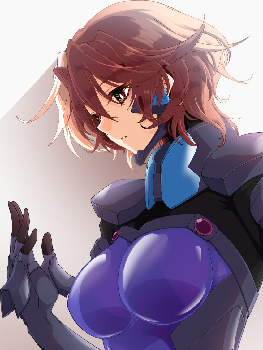 1girl bangs breasts bright_pupils brown_hair fortified_suit from_side gloves grey_gloves hair_between_eyes highres isumi_michiru kamon_rider looking_down medium_breasts muvluv muvluv_alternative open_hand parted_lips pilot_suit portrait shadow short_hair skin_tight solo violet_eyes white_background white_pupils