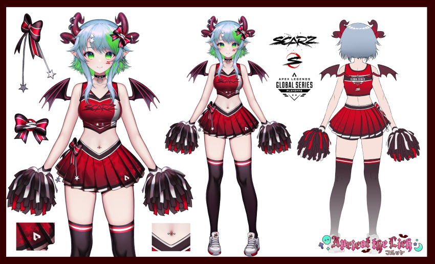 1girl absurdres apex_legends back blue_hair border bow breasts bsapricot bsapricot_(vtuber) character_name cheerleader choker commentary earrings english_commentary full_body green_eyes green_hair highres horns jewelry lich looking_at_viewer medium_breasts midriff miniskirt multicolored_hair multiple_horns multiple_views navel navel_piercing official_art piercing pointy_ears red_border scarz short_hair skirt sleeveless smile standing thigh-highs two-tone_hair virtual_youtuber vshojo white_background wings