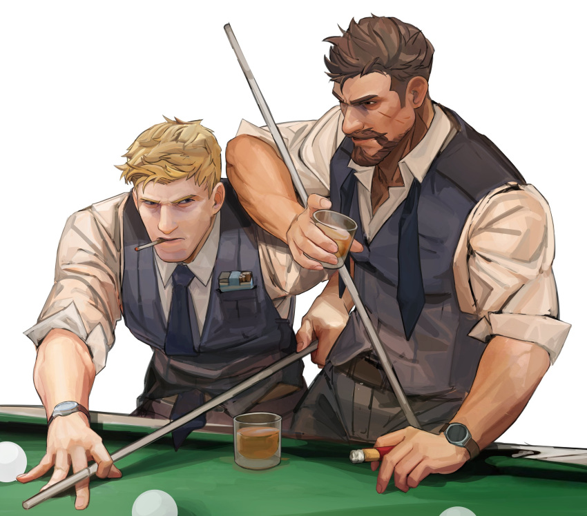 2boys ball beard billiard_ball black_hair blonde_hair blue_vest cigarette closed_mouth cue_stick cup facial_hair highres holding holding_cigarette holding_cue_stick holding_cup male_focus multiple_boys necktie nez overwatch pool_table reaper_(overwatch) shirt short_hair soldier:_76_(overwatch) vest watch watch white_shirt