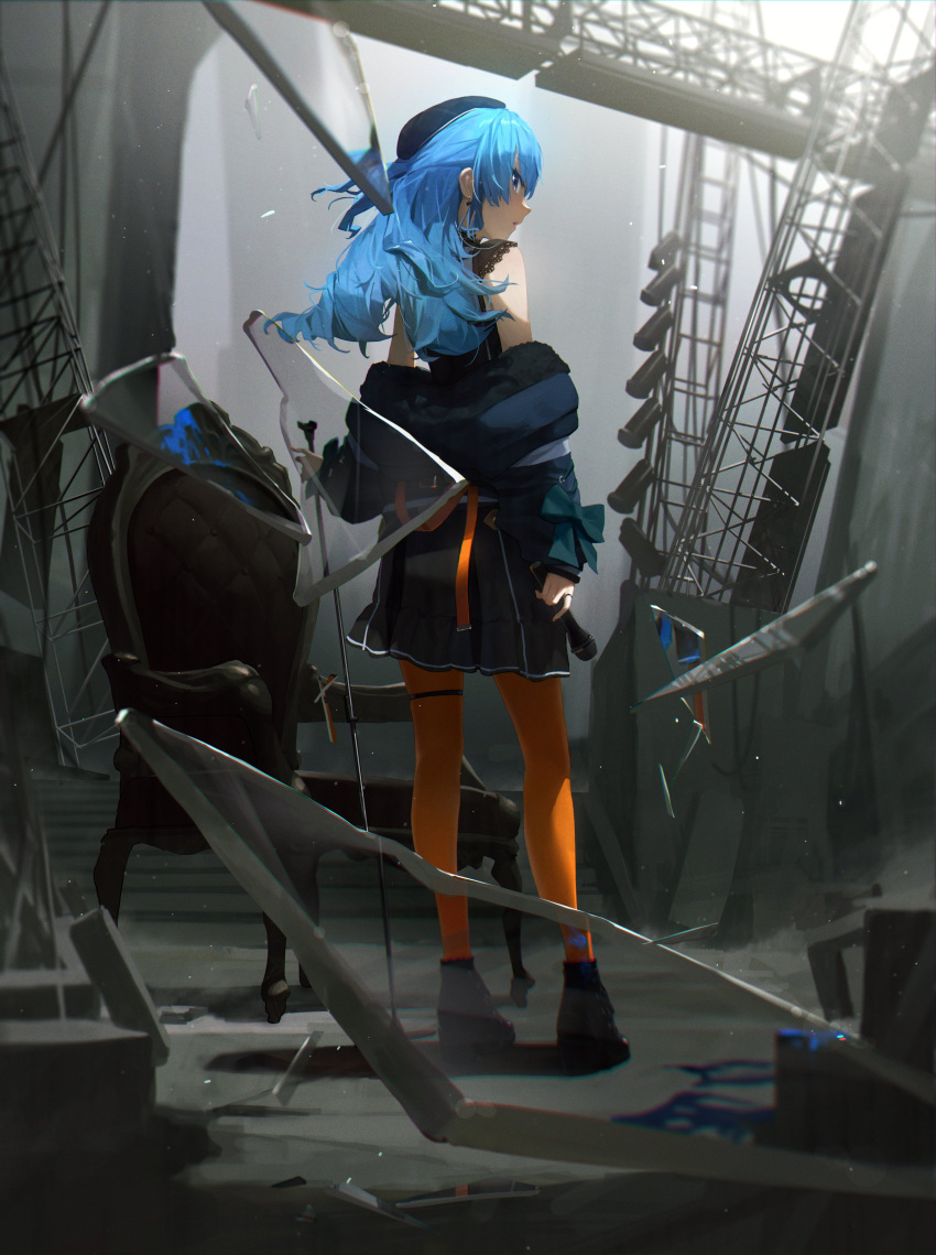 1girl absurdres bangs black_footwear black_skirt blue_eyes blue_hair blue_jacket broken_glass chain earrings eyebrows_visible_through_hair from_behind full_body glass hat highres holding holding_microphone holding_microphone_stand hololive hoshimachi_suisei indoors jacket jewelry logknn long_hair looking_back microphone microphone_stand off_shoulder orange_legwear pantyhose ring skirt solo standing thigh_strap virtual_youtuber