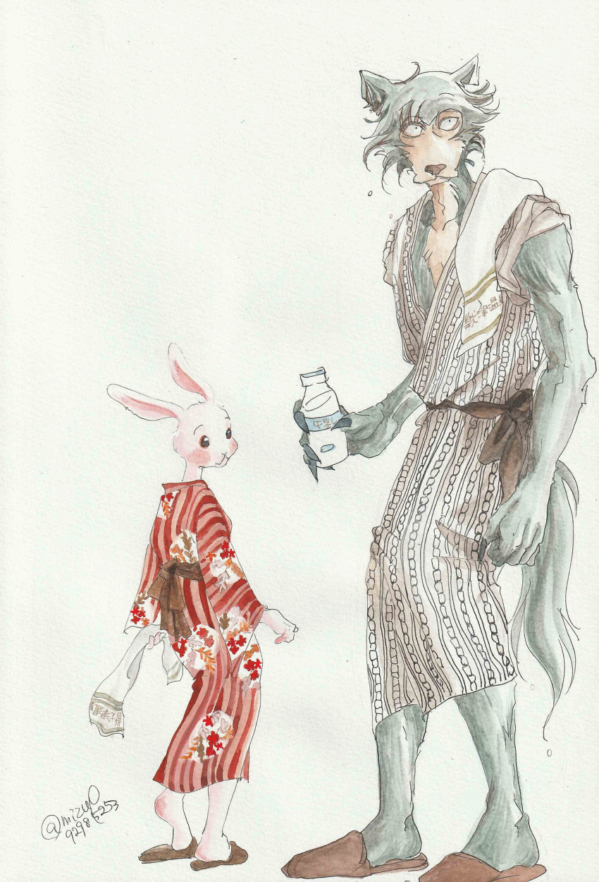 1boy 1girl absurdres arms_at_sides bare_arms beastars black_nails bottle closed_mouth fingernails full_body furry furry_female furry_male haru_(beastars) highres holding holding_bottle holding_towel japanese_clothes kimono legoshi long_sleeves looking_afar looking_back miizzeee rabbit_girl red_kimono sash sharp_fingernails simple_background size_difference sleeves_rolled_up slippers standing striped striped_kimono towel towel_on_one_shoulder traditional_media vertical-striped_kimono vertical_stripes wet wet_hair wolf_boy yukata