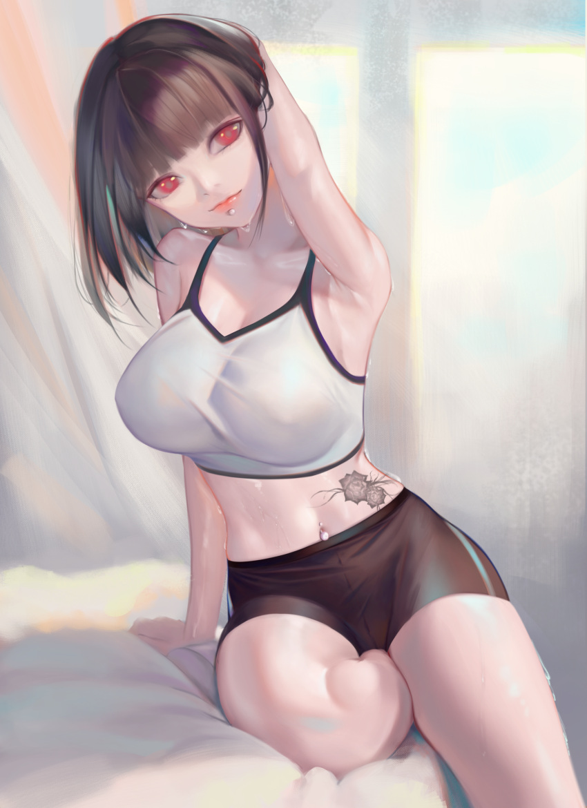 1girl absurdres arm_support arm_up armpits bangs bike_shorts black_hair black_shorts blunt_bangs breasts covered_nipples crop_top head_tilt highres labret_piercing large_breasts lips looking_at_viewer midriff navel navel_piercing nekobell on_bed original piercing red_eyes short_hair shorts sitting solo sweat tank_top tattoo thighs white_tank_top