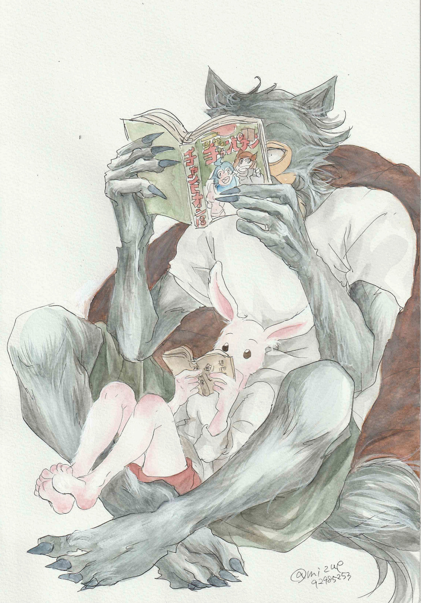 1boy 1girl absurdres bare_arms bare_legs barefoot beastars black_nails book covered_mouth feet_up fingernails full_body furry furry_female furry_male green_hoodie green_shorts haru_(beastars) highres holding holding_book hood hoodie indian_style knees_up leaning_back legoshi long_sleeves manga_(object) miizzeee one_eye_covered open_book pillow rabbit_girl reading red_shorts sharp_fingernails sharp_toenails shirt short_sleeves shorts simple_background sitting size_difference t-shirt toenails traditional_media white_shirt wolf_boy