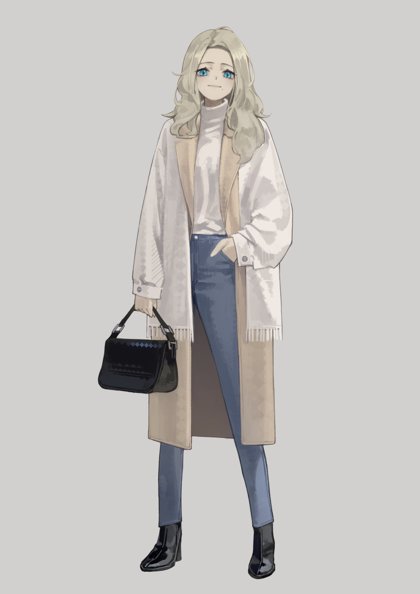 1girl absurdres bag black_footwear blonde_hair blue_eyes brown_coat cardigan coat denim full_body grey_background hand_in_pocket handbag high_heels highres holding holding_bag jeans long_hair looking_at_viewer mole mole_under_mouth open_clothes open_coat original pants parted_lips simple_background smile solo sweater turtleneck turtleneck_sweater white_cardigan white_sweater yoon_cook