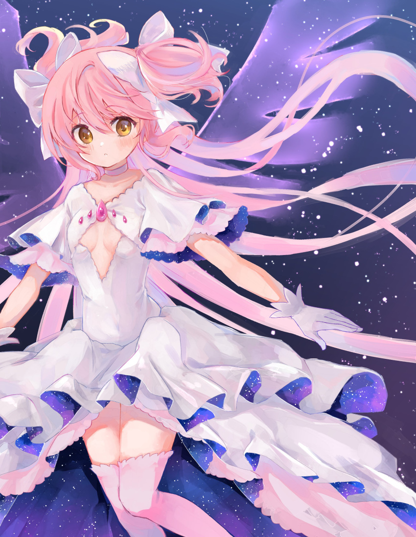 1girl :o absurdly_long_hair absurdres blush bow breast_cutout breasts cleavage_cutout clothing_cutout commentary dress eyebrows_visible_through_hair floating floating_hair goddess_madoka hair_bow hair_ribbon highres kaname_madoka layered_dress layered_sleeves long_hair looking_at_viewer looking_to_the_side mahou_shoujo_madoka_magica outstretched_arms pink_hair purple_background ribbon ruru_(rurumagi) short_sleeves small_breasts solo space spread_arms star_(sky) starry_sky_print tight tight_dress transparent_wings two_side_up very_long_hair white_bow white_dress white_ribbon white_sleeves wide_sleeves yellow_eyes