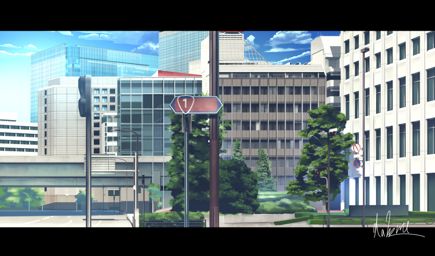 absurdres blue_sky building clouds commentary_request fence hakuurei_amano highres letterboxed no_humans original outdoors road road_sign scenery sign sky street traffic_light tree watermark