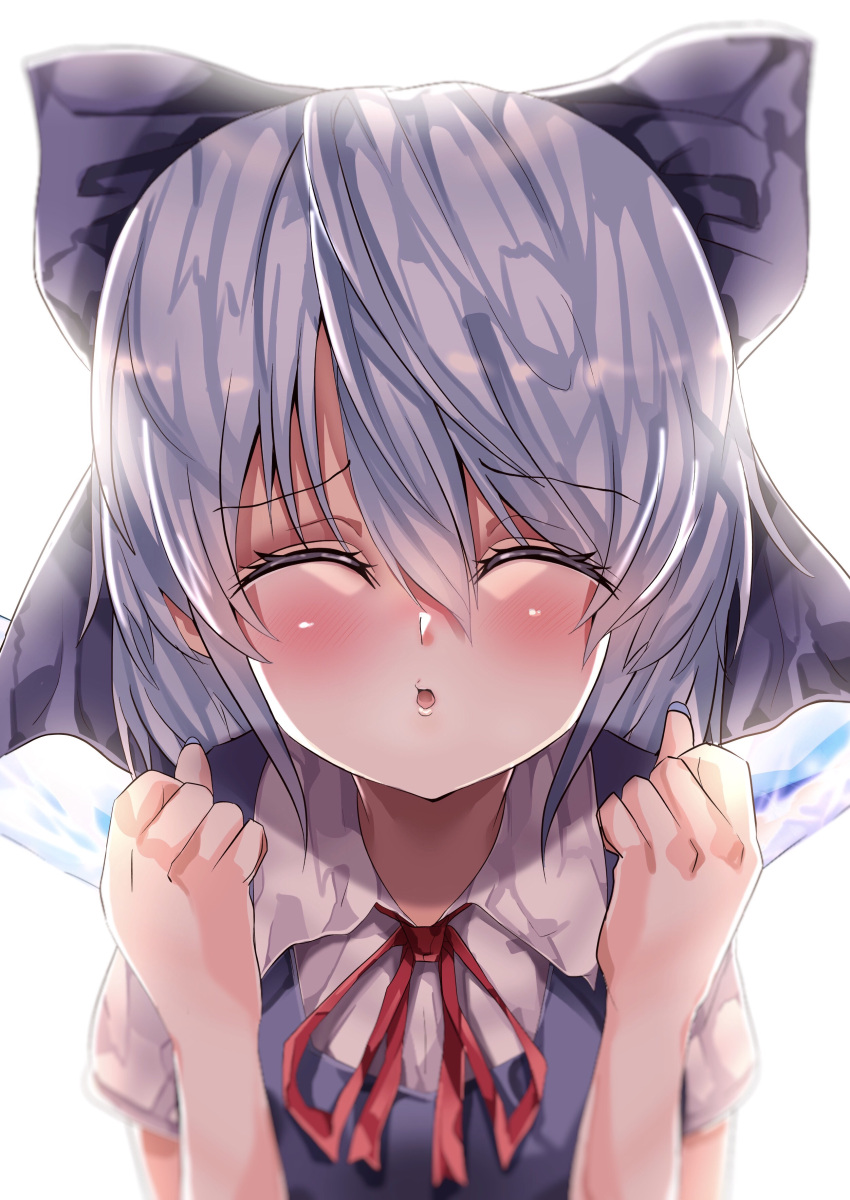 1girl absurdres backlighting blue_bow blue_dress blue_nails blurry bow cirno closed_eyes collared_shirt commentary_request depth_of_field dress eyebrows_visible_through_hair hair_between_eyes hair_bow highres ice ice_wings incoming_kiss maboroshi_mochi nail_polish neck_ribbon open_mouth pinafore_dress red_ribbon ribbon shirt simple_background solo touhou upper_body white_background white_shirt wings