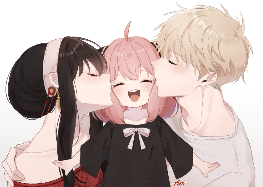 1boy 2girls ^_^ ^o^ ahoge anya_(spy_x_family) aoirnn artist_name bare_shoulders black_hair blonde_hair blush bow bowtie closed_eyes collarbone couple double_bun dress earrings hairband hand_on_another's_shoulder happy highres jewelry kiss kissing_cheek looking_at_viewer multiple_girls off_shoulder open_mouth red_sweater shirt sidelocks simple_background smile spy_x_family sweater teeth twilight_(spy_x_family) upper_teeth white_background white_shirt yor_briar