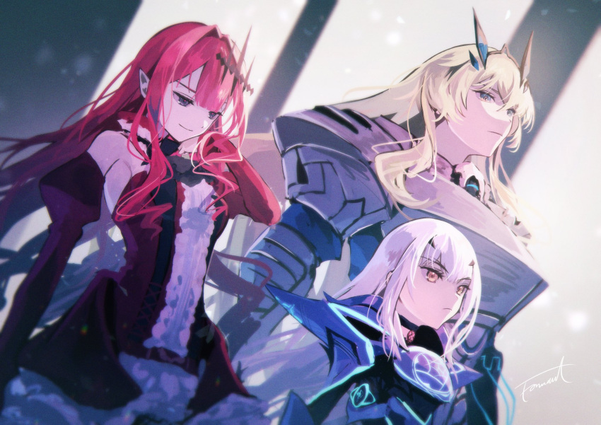 3girls armor blonde_hair blue_eyes detached_sleeves dress eyebrows_visible_through_hair fairy_knight_gawain_(fate) fairy_knight_lancelot_(fate) fairy_knight_tristan_(fate) fate/grand_order fate_(series) frilled_dress frills hair_ornament highres long_hair looking_up moto_u_toe_say multiple_girls pointy_ears red_dress redhead silver_hair smile violet_eyes yellow_eyes