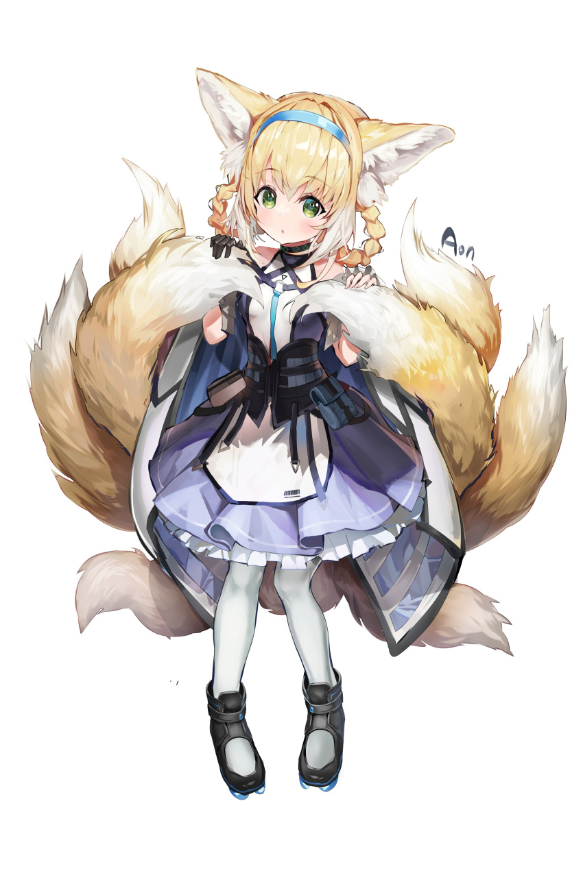1girl :o a_(sofi3103) absurdres animal_ears arknights artist_name bangs blonde_hair breasts commentary eyebrows_visible_through_hair full_body green_eyes hair_between_eyes hairband hairstyle_request hand_up highres light_blush looking_at_viewer medium_hair open_mouth shiny shiny_clothes shiny_hair simple_background small_breasts solo standing suzuran_(arknights) tareme touching_tail wavy_hair white_background white_legwear