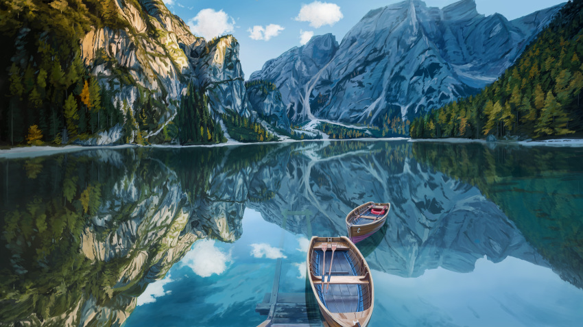 absurdres blue_sky clouds commentary_request forest highres lake lifebuoy mountain nature no_humans oar original outdoors photo-referenced prachinabana reflection rowboat scenery sky tree water