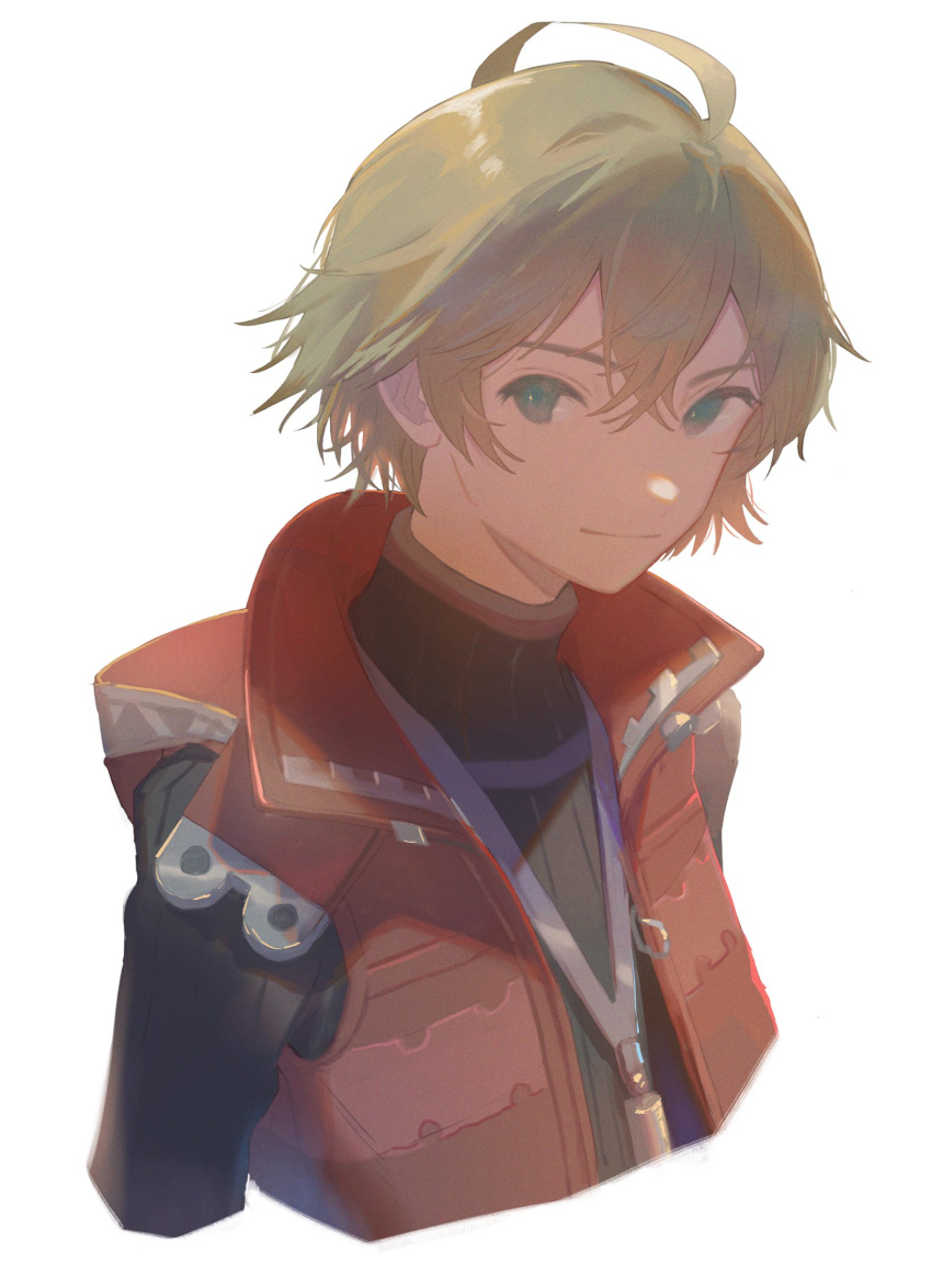 1boy ahoge blonde_hair blue_eyes closed_mouth fujie_xy highres long_hair looking_at_viewer male_focus short_hair shulk_(xenoblade) simple_background smile vest white_background xenoblade_chronicles xenoblade_chronicles_(series)