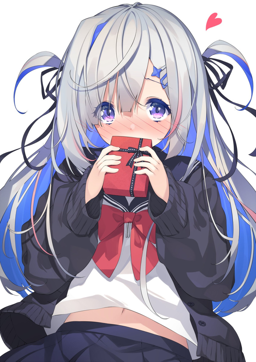 1girl amane_kanata bangs black_jacket blue_hair blue_sailor_collar blue_skirt bow bowtie box chiyonekoko colored_inner_hair covering_mouth gift gift_box hair_ribbon heart highres holding holding_box hololive jacket long_hair long_sleeves looking_at_viewer midriff_peek multicolored_hair navel open_clothes open_jacket pink_hair red_bow red_bowtie ribbon sailor_collar school_uniform serafuku shirt silver_hair skirt solo streaked_hair two_side_up upper_body violet_eyes virtual_youtuber white_shirt