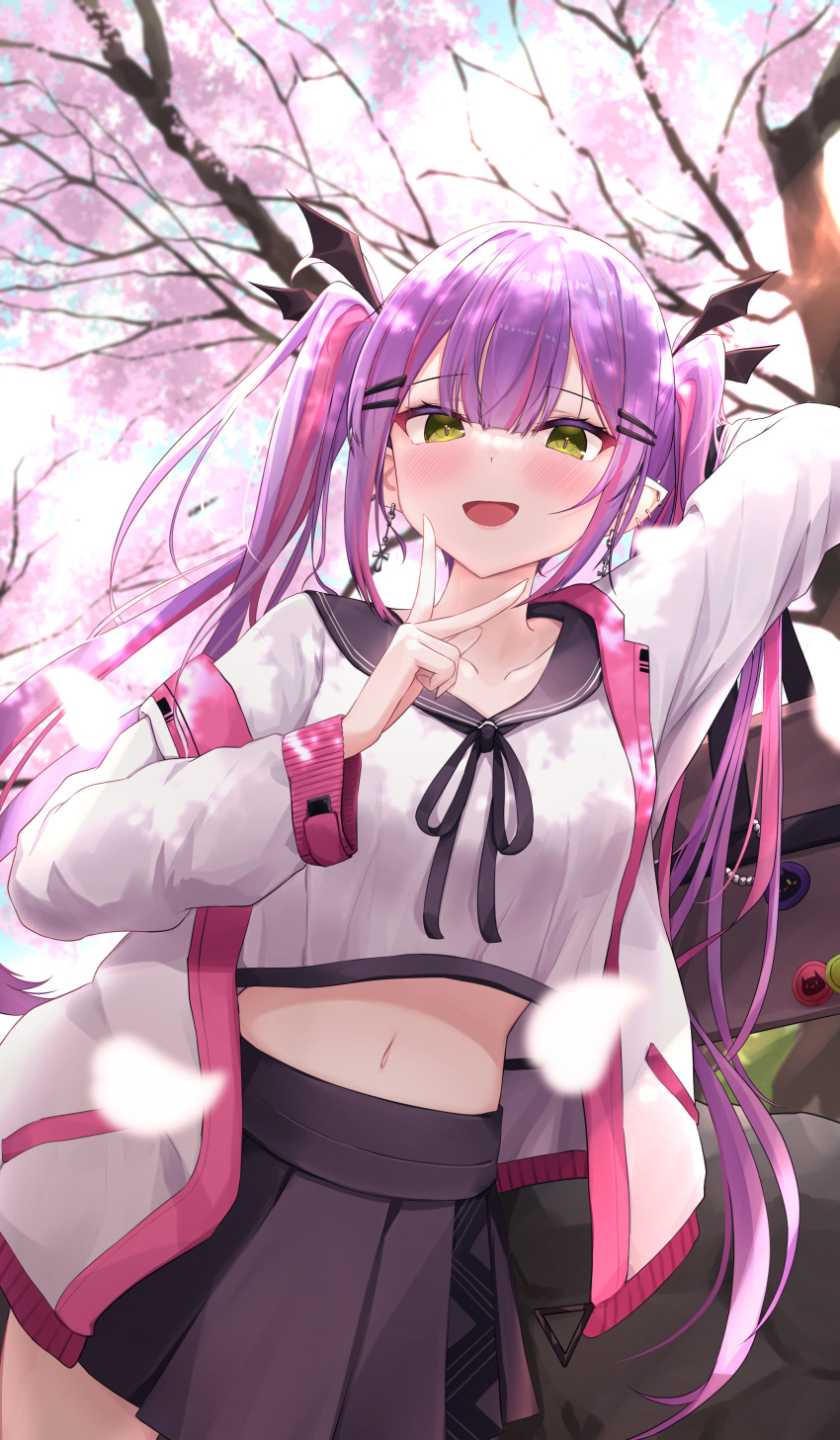 1girl :d absurdres alternate_costume arm_up black_skirt blurry cherry_blossoms collarbone cowboy_shot crop_top crop_top_overhang daran9 depth_of_field ear_piercing earrings green_eyes hair_ornament hairclip hand_up highres hololive jacket jewelry long_hair long_sleeves looking_at_viewer midriff miniskirt multicolored_hair navel neck_ribbon open_clothes open_jacket open_mouth outdoors petals piercing pleated_skirt pointy_ears purple_hair ribbon sailor_collar school_uniform serafuku shirt sidelocks skirt smile solo stomach streaked_hair tokoyami_towa tree twintails v very_long_hair virtual_youtuber white_jacket white_shirt