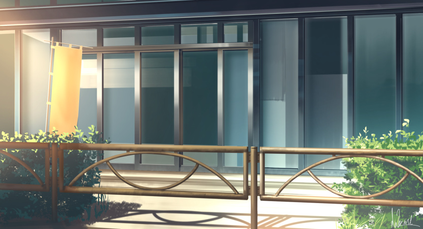 banner building bush commentary_request fence hakuurei_amano highres no_humans original outdoors reflection scenery shadow watermark
