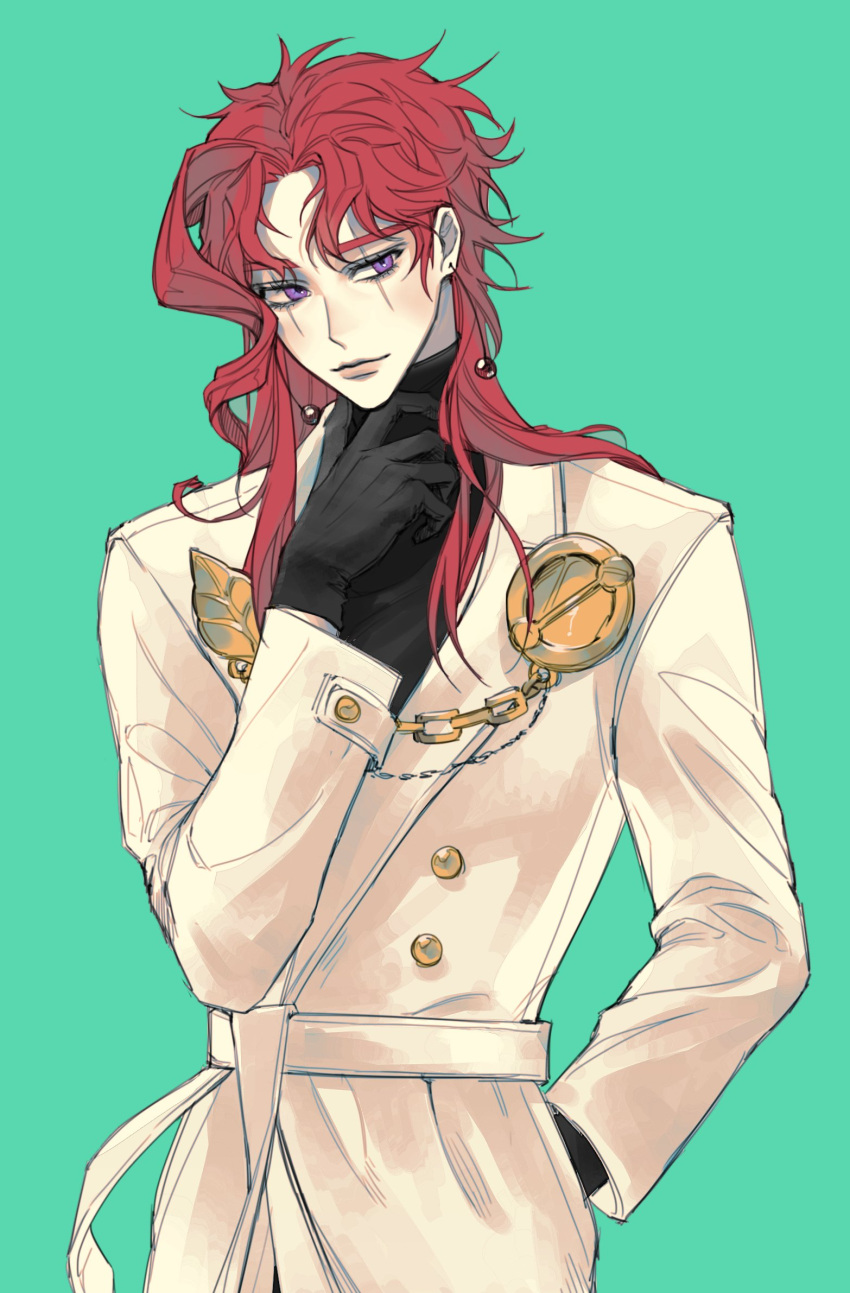 1boy alternate_universe black_gloves diamond_wa_kudakenai gloves highres jojo_no_kimyou_na_bouken kakyoin_noriaki long_coat male_focus older ranch_jjba redhead scar scar_across_eye smile solo turtleneck violet_eyes