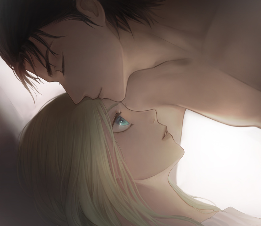 aqua_eyes black_hair blonde_hair christa_renz closed_eyes closed_mouth clothed_female_nude_male collarbone eren_yeager eyelashes eyoling from_side hetero highres kiss kissing_forehead light_smile lips nude older parted_lips portrait profile shingeki_no_kyojin white_background