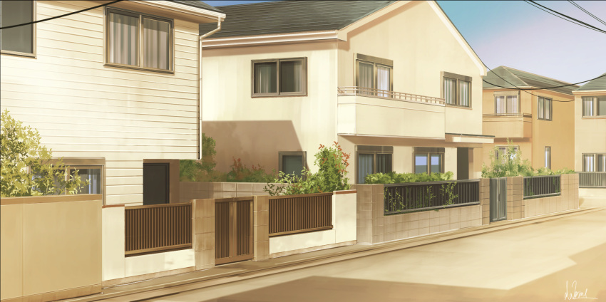 balcony blue_sky building bush commentary_request hakuurei_amano highres house no_humans original outdoors power_lines road scenery shadow sky street sunset watermark window