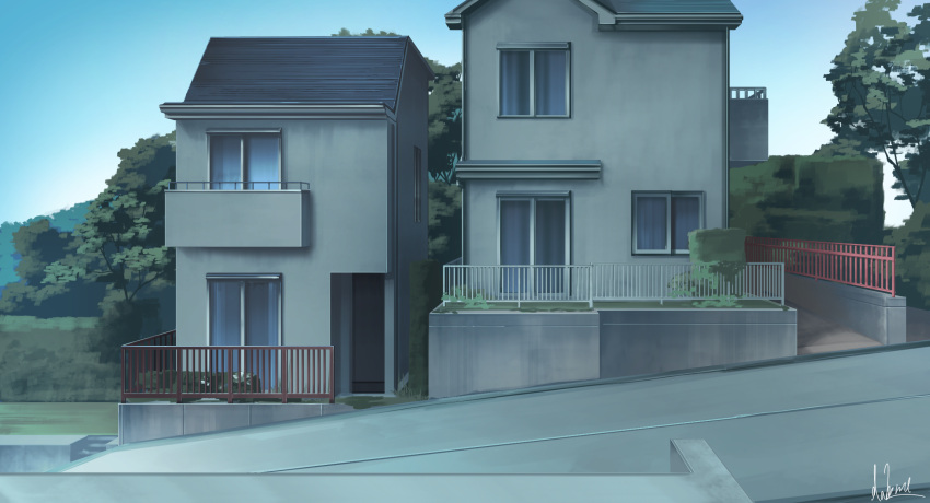 balcony blue_sky building commentary_request fence grass hakuurei_amano highres hill house no_humans original road scenery sky street tree watermark window