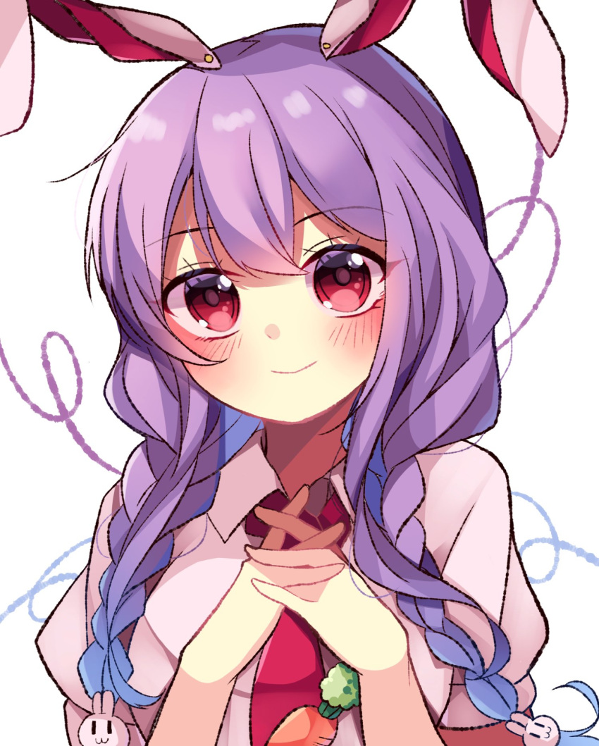 1girl animal_ears blush braid breasts eyebrows_visible_through_hair highres interlocked_fingers long_hair looking_at_viewer low_twin_braids low_twintails meimei_(meimei89008309) necktie purple_hair rabbit_ears red_eyes reisen_udongein_inaba shirt smile solo touhou twin_braids twintails upper_body