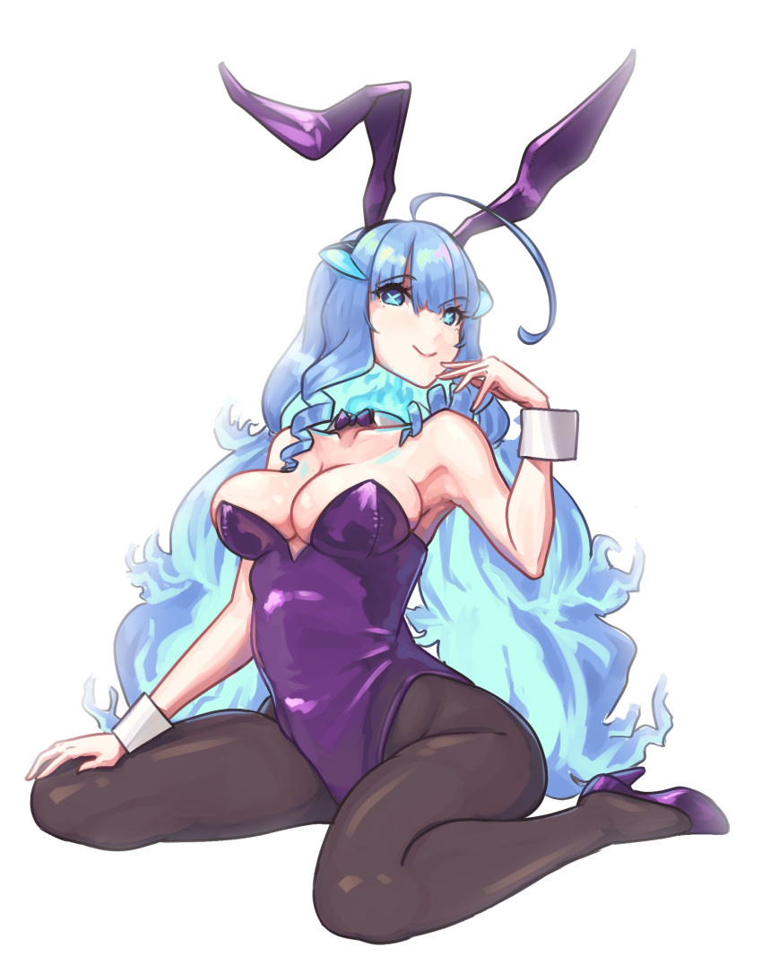 1girl absurdres ahoge animal_ears bare_shoulders blue_fire bow bowtie breasts detached_collar drill_locks dullahan fake_animal_ears fiery_hair fire glowing_horns high_heels highres horns huge_ahoge leotard long_hair pantyhose playboy_bunny prism_project purple_leotard qtini rikudou_yura solo strapless strapless_leotard symbol-shaped_pupils virtual_youtuber wrist_cuffs x-shaped_pupils x_x