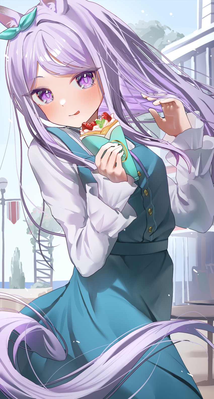 1girl :p absurdres aqua_ribbon bangs commentary_request ear_ribbon eyebrows_visible_through_hair food highres holding holding_food horse_girl horse_tail long_hair long_sleeves looking_at_viewer mejiro_mcqueen_(umamusume) ningen_mame outdoors parted_bangs purple_hair ribbon solo sweets tail tongue tongue_out umamusume violet_eyes white_sleeves