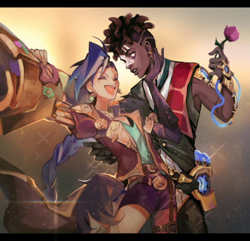 1boy 1girl :d alternate_costume alternate_hairstyle bangs black_gloves braid brown_pants closed_eyes collaboration d_(xxl30433461) dark-skinned_male dark_skin dreadlocks earrings ekko_(league_of_legends) facial_mark flower gloves glowing gradient gradient_background grey_shirt happy highres holding holding_flower holding_weapon jacket jewelry jinx_(league_of_legends) league_of_legends letterboxed long_hair looking_at_another open_clothes open_jacket pants pink_flower puffy_short_sleeves puffy_sleeves purple_shorts red_jacket red_vest rocket_launcher shirt short_sleeves shorts single_braid smile teeth vest weapon yasutsuki_(tsuki19669056)