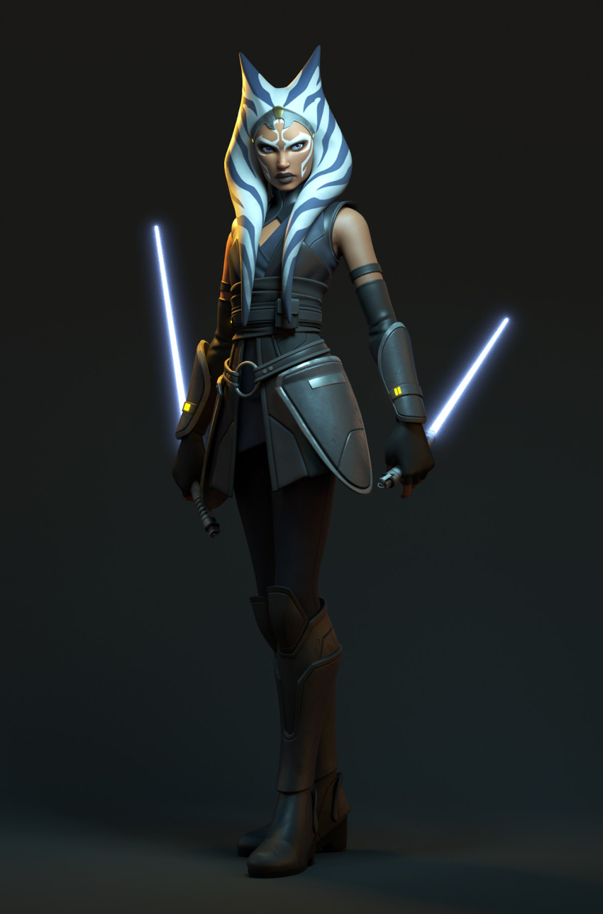 1girl 3d ahsoka_tano alien armor bare_shoulders black_gloves black_hair blue_eyes blue_hair boots breasts brown_footwear dual_wielding elbow_gloves energy_sword english_commentary facial_mark fingerless_gloves full_body gloves grey_background grey_lips headband highres holding holding_weapon knee_boots laura_peltomaki lightsaber looking_at_viewer multicolored_hair pouch serious simple_background small_breasts solo standing star_wars star_wars:_rebels star_wars:_the_clone_wars sword tentacle_hair togruta weapon white_hair wrist_guards