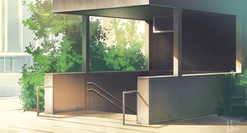 building bush commentary_request hakuurei_amano highres no_humans original outdoors road scenery shadow stairs street train_station watermark