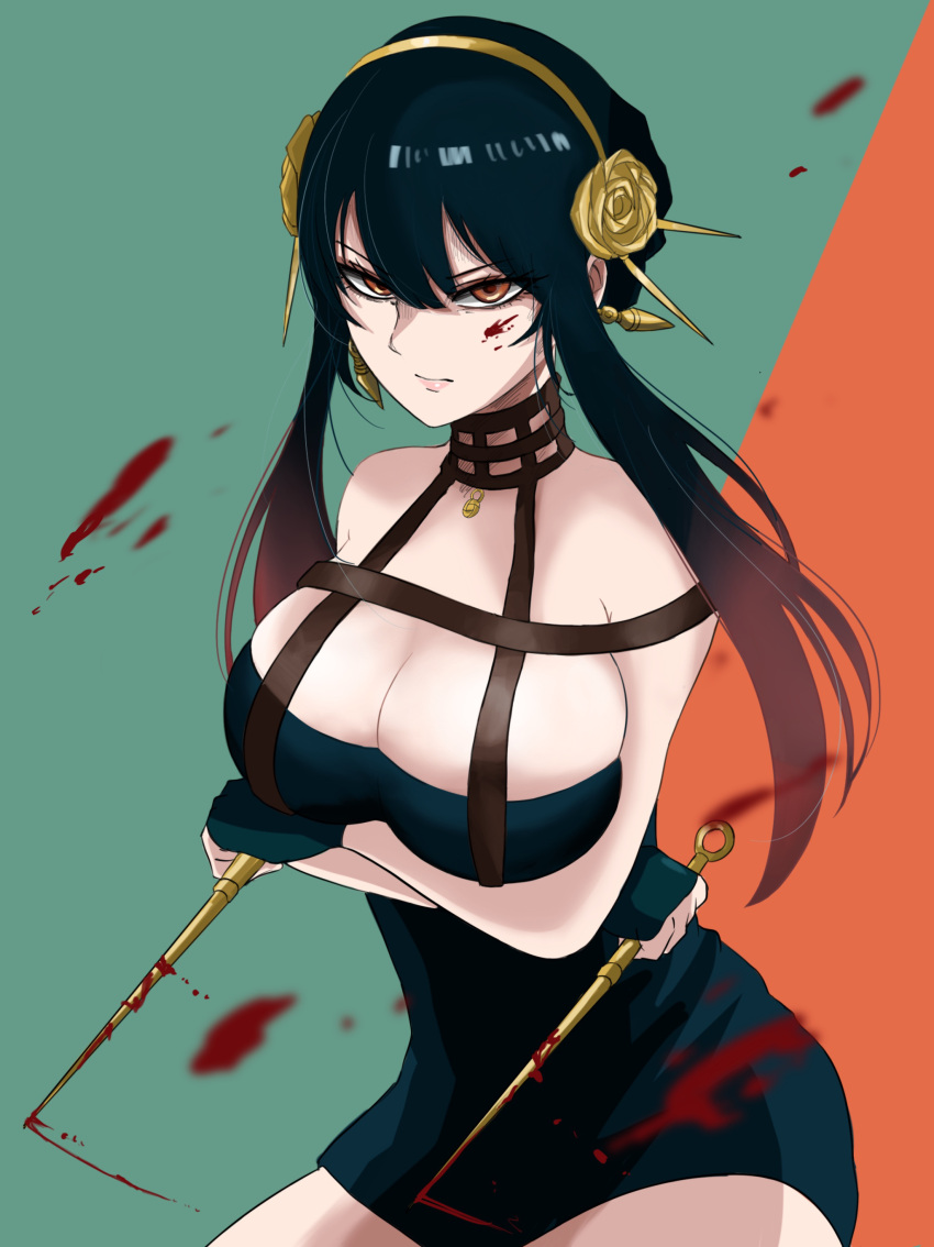 1girl absurdres arms_under_breasts bangs bare_shoulders black_dress black_gloves black_hair blood blood_on_face blood_on_weapon breasts closed_mouth crossed_arms dress earrings fingers glaring gloves gold_earrings gold_hairband hair_between_eyes highres jewelry large_breasts long_hair red_eyes rose_hair_ornament short_dress sidelocks solo spikes spy_x_family sugoiesisan1 two-tone_background weapon yor_briar