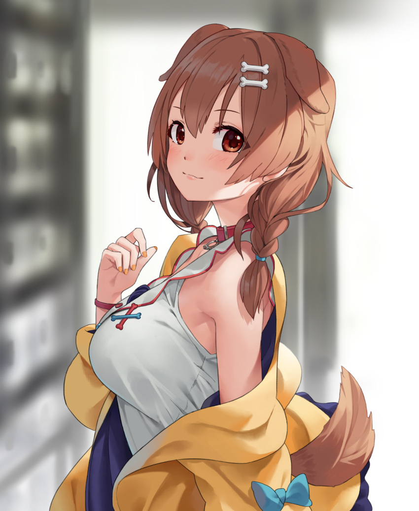1girl absurdres animal_ears blurry blurry_background blush bone_hair_ornament braid breasts cartoon_bone collar commentary_request dog_ears dog_girl dog_tail hair_ornament highres hololive inugami_korone jacket kaguya_(srx61800) large_breasts long_hair looking_at_viewer nail_polish off_shoulder solo tail twin_braids upper_body virtual_youtuber yellow_nails