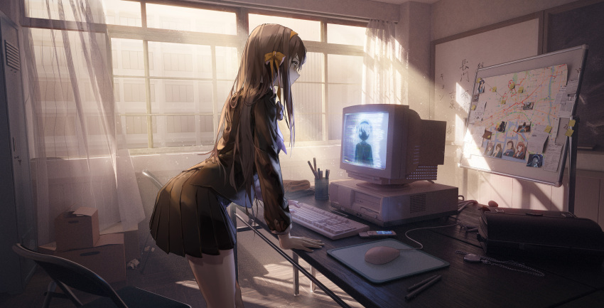 1girl absurdres artist_request asahina_mikuru bag brown_hair cellphone chair computer hair_ribbon highres keyboard_(computer) koizumi_itsuki kyon long_hair map mouse nagato_yuki phone ribbon suzumiya_haruhi suzumiya_haruhi_no_shoushitsu suzumiya_haruhi_no_yuuutsu uniform whiteboard