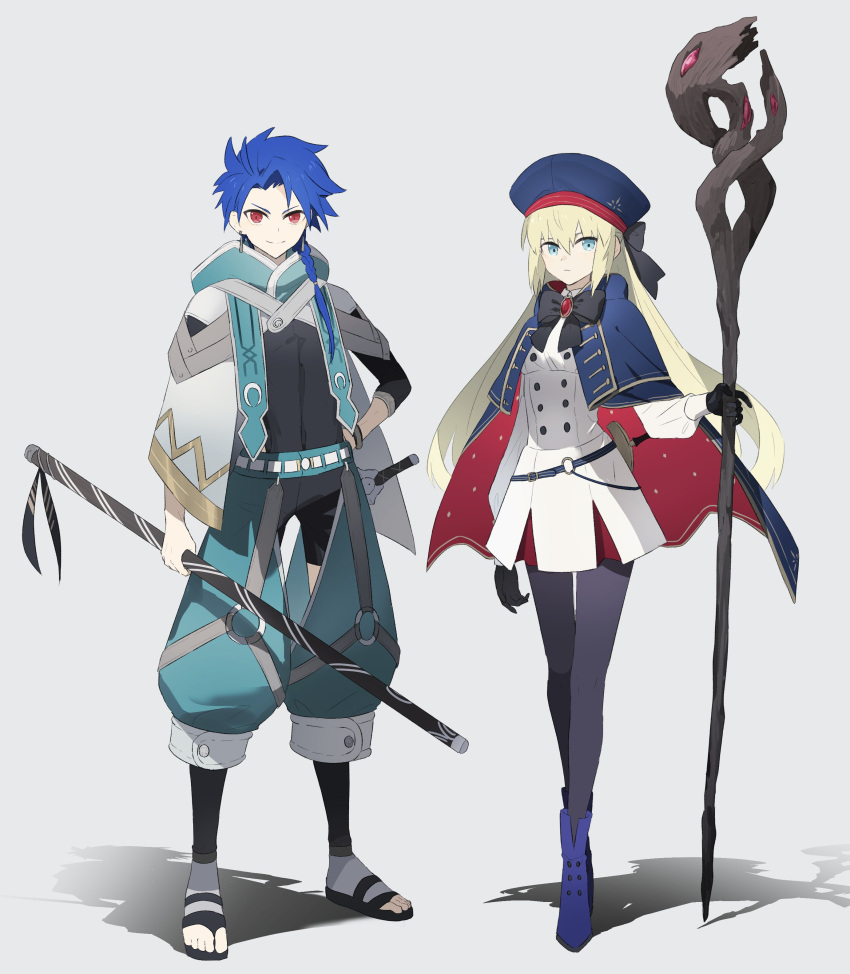 1boy 1girl absurdres artoria_pendragon_(caster)_(fate) artoria_pendragon_(fate) baggy_clothes baggy_pants belt black_bow black_gloves black_legwear blonde_hair blue_belt blue_capelet blue_footwear blue_hair blue_headwear bow bowtie braid braided_ponytail capelet closed_mouth cu_chulainn_(fate) dress earrings fate/grand_order fate/grand_order_arcade fate_(series) full_body gloves grey_background hair_bow hand_on_hip hat highres holding holding_polearm holding_staff holding_weapon jewelry long_hair long_sleeves ne_f_g_o pants pantyhose polearm red_eyes setanta_(fate) short_sword simple_background smile staff sword tonelico_(fate) weapon white_dress