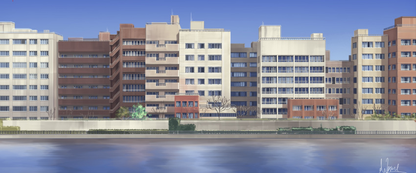 balcony blue_sky building bush city cityscape commentary_request fence hakuurei_amano highres no_humans original outdoors river scenery sky stairs tree water watermark window