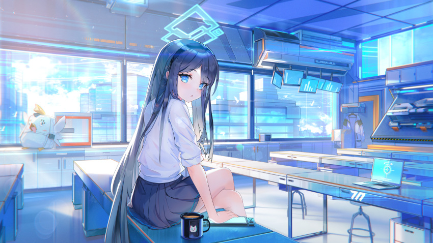 1girl absurdres animal_print arisu_(blue_archive) backpack bag bangs bare_legs black_hair black_hairband black_skirt blue_archive blue_eyes blue_sky blush cat_print clouds commentary computer cup desk eyebrows_visible_through_hair hair_between_eyes hairband halo handheld_game_console highres indoors janyhero laptop long_hair looking_at_viewer looking_to_the_side on_desk parted_lips peroro_(blue_archive) pleated_skirt sailor_collar shirt short_sleeves sitting sitting_on_desk skirt sky solo sunlight very_long_hair weapon white_shirt window