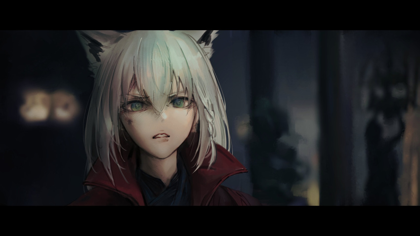 absurdres animal_ears aqua_eyes braid cosplay doctor_strange doctor_strange_(cosplay) doctor_strange_(series) fake_screenshot fox_ears fox_girl highres hololive hyde_(tabakko) letterboxed parody parted_lips shirakami_fubuki side_braid virtual_youtuber white_hair