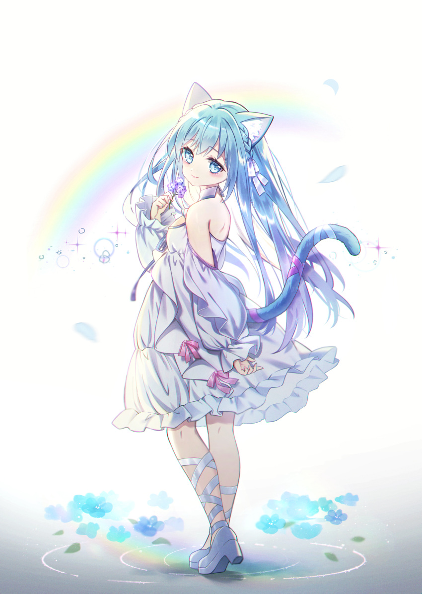 1girl absurdres animal_ear_fluff animal_ears bare_shoulders blue_eyes blue_flower blue_hair braid cat_ears cat_girl cat_tail closed_mouth commentary_request commission danby_merong detached_sleeves dress flower hand_up high_heels highres holding holding_flower long_hair long_sleeves looking_at_viewer looking_back original petals puffy_long_sleeves puffy_sleeves purple_flower rainbow shoes sleeves_past_wrists smile solo standing tail very_long_hair white_background white_dress white_footwear white_sleeves