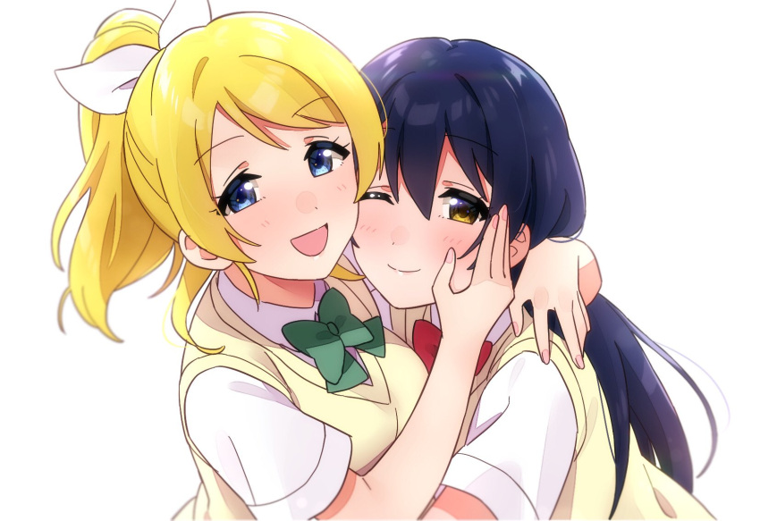 2girls ayase_eli bangs blonde_hair blue_eyes blue_hair blush commentary_request hair_ribbon hand_on_another's_cheek hand_on_another's_face highres hug long_hair looking_at_viewer love_live! love_live!_school_idol_project multiple_girls nanatsu_no_umi one_eye_closed open_mouth otonokizaka_school_uniform ponytail ribbon school_uniform shirt simple_background smile sonoda_umi swept_bangs white_background white_shirt yellow_eyes