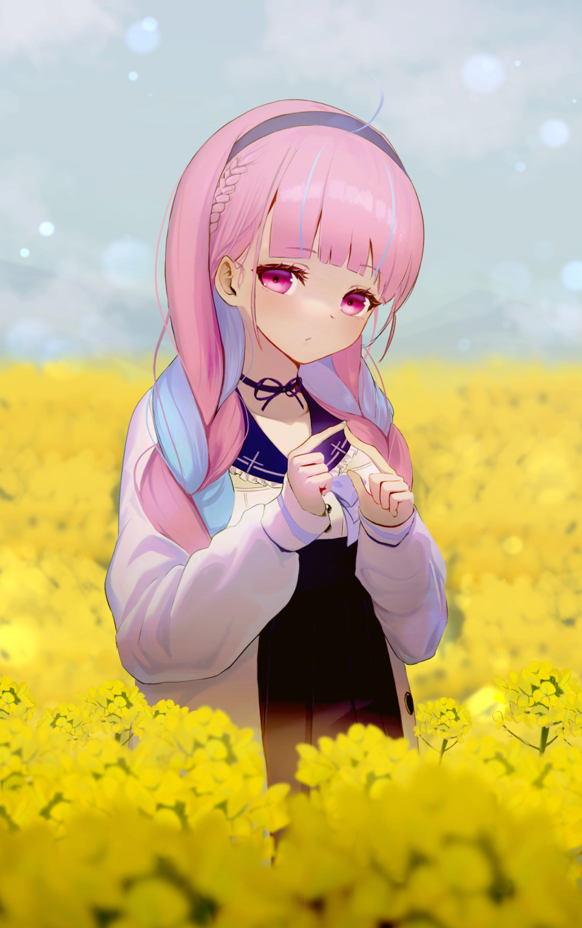 1girl absurdres bangs black_skirt blue_hairband blue_sailor_collar blunt_bangs blush braid choker closed_mouth eyebrows_visible_through_hair field flower flower_field frilled_sailor_collar frills hair_between_eyes hair_over_shoulder hairband high-waist_skirt highres hololive index_fingers_together jacket long_sleeves looking_at_viewer minato_aqua pink_hair ribbon_choker sailor_collar skirt solo standing twin_braids twintails violet_eyes virtual_youtuber white_jacket yellow_flower yoruillust