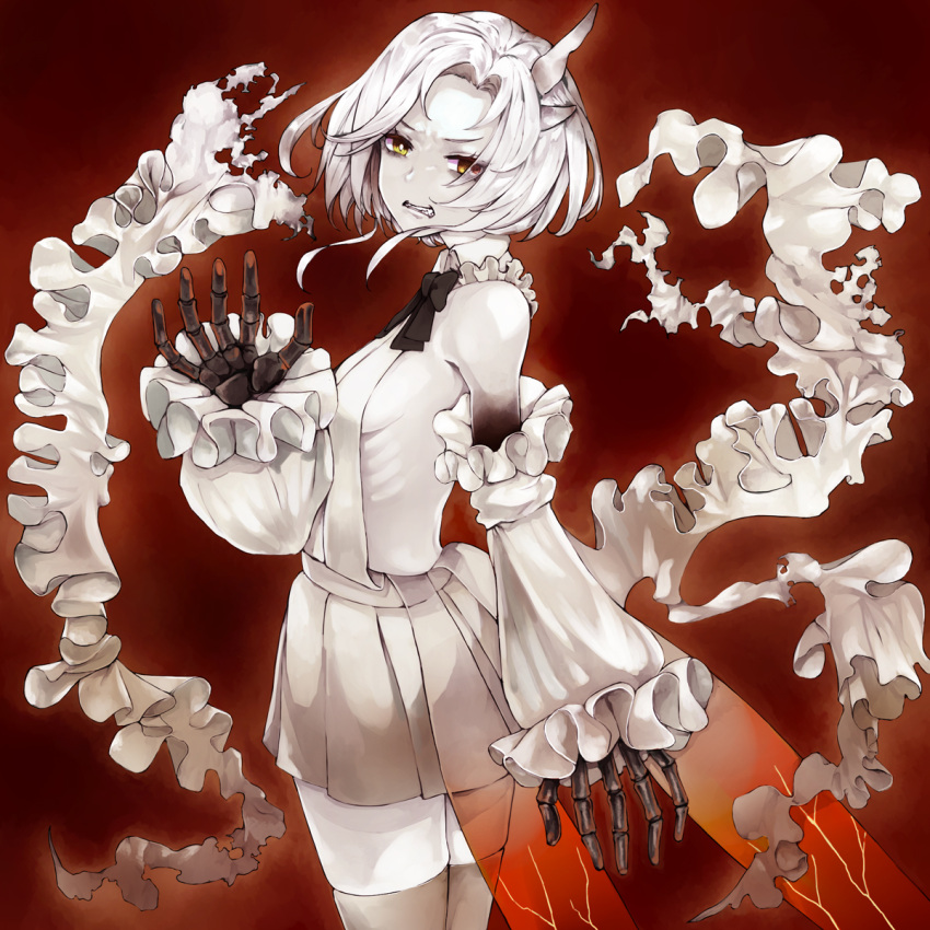 1girl abyssal_jade_princess asymmetrical_horns bangs black_bow black_bowtie black_skin bow bowtie breasts clenched_teeth colored_skin detached_sleeves dress frilled_sleeves frills gradient_skin highres horns kantai_collection kurou_(bcrow) pale_skin red_background ribs short_hair simple_background skeletal_hand sleeveless sleeveless_dress small_breasts solo teeth thigh-highs white_dress white_hair white_skin yellow_eyes