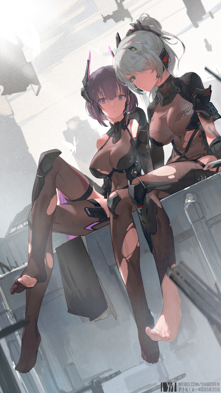 2girls absurdres aether_gaze bangs barefoot blue_eyes bodystocking breasts brown_legwear character_request dm_(dai_miao) dutch_angle eyebrows_visible_through_hair feet full_body grey_hair hair_over_one_eye headgear highres large_breasts looking_at_viewer multiple_girls no_shoes purple_hair short_hair sitting thigh-highs toes torn_clothes torn_legwear violet_eyes