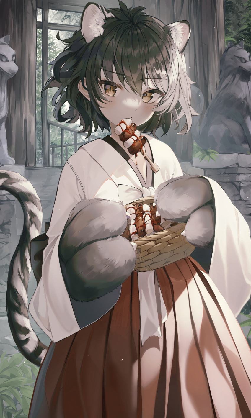 1girl absurdres animal_ear_fluff animal_ears animal_ears_(artist) animal_hands basket black_hair brown_eyes claws day extra_ears eyebrows_visible_through_hair food food_in_mouth hakama hakama_skirt highres japanese_clothes looking_at_viewer miko mouth_hold original outdoors oversized_forearms oversized_limbs short_hair skirt solo statue striped_tail tail tiger_ears tiger_girl tiger_tail torii wide_sleeves