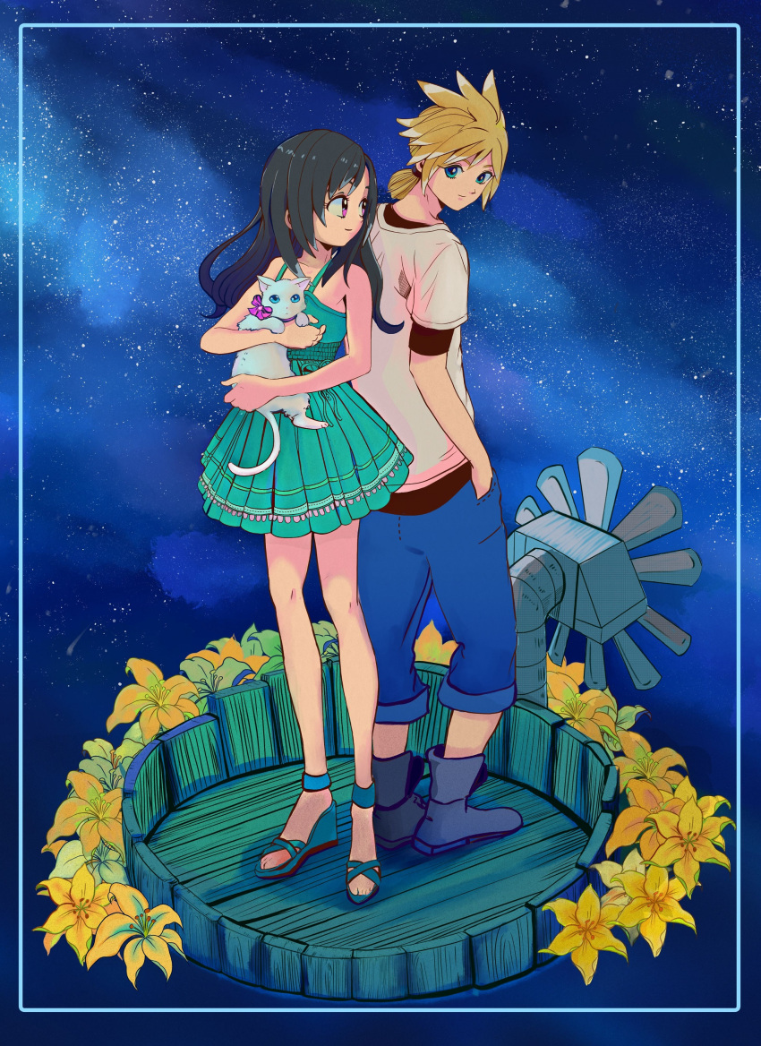 1boy 1girl absurdres animal black_hair blonde_hair blue_eyes cat cloud_strife dress final_fantasy final_fantasy_vii final_fantasy_vii_remake flower highres holding holding_animal hugo_artist long_hair looking_at_another night night_sky red_eyes shirt sky sleeveless sleeveless_dress spiky_hair star_(sky) starry_sky tifa_lockhart water_tower younger